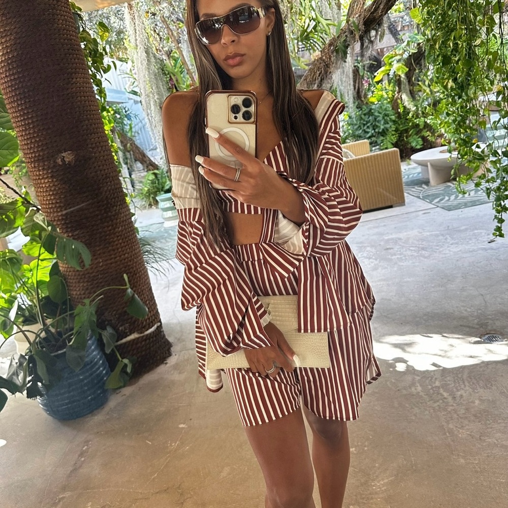 Commense Brown and White Striped Women Shorts with Matching Bra and Shirt